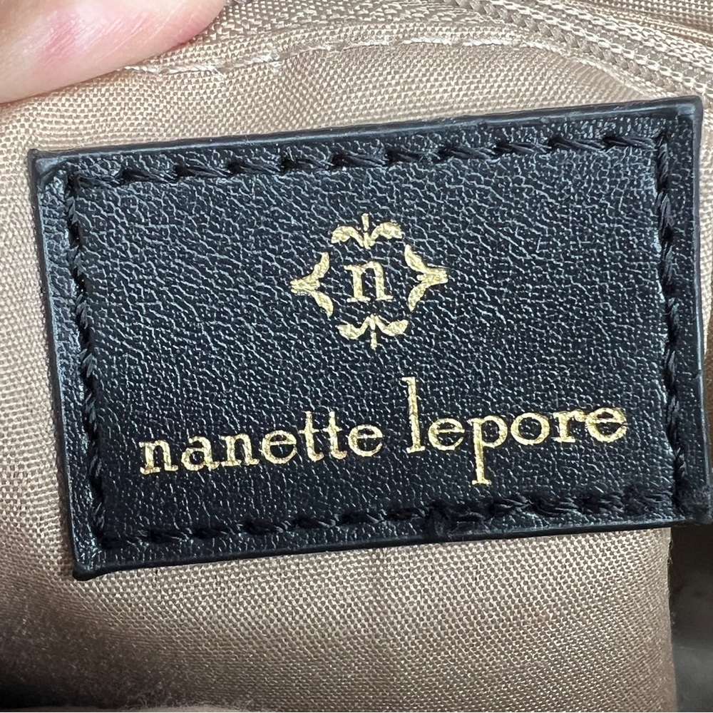 Nanette Lepore Gray Black Logo Print Zip Top Dome Satchel Crossbody Bag - Picture 3 of 13